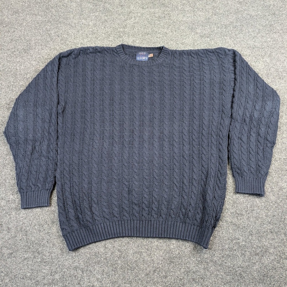 Vintage Old Glory Mens XLT Navy Blue Cable Knit 100% Cotton Crewneck Sweater